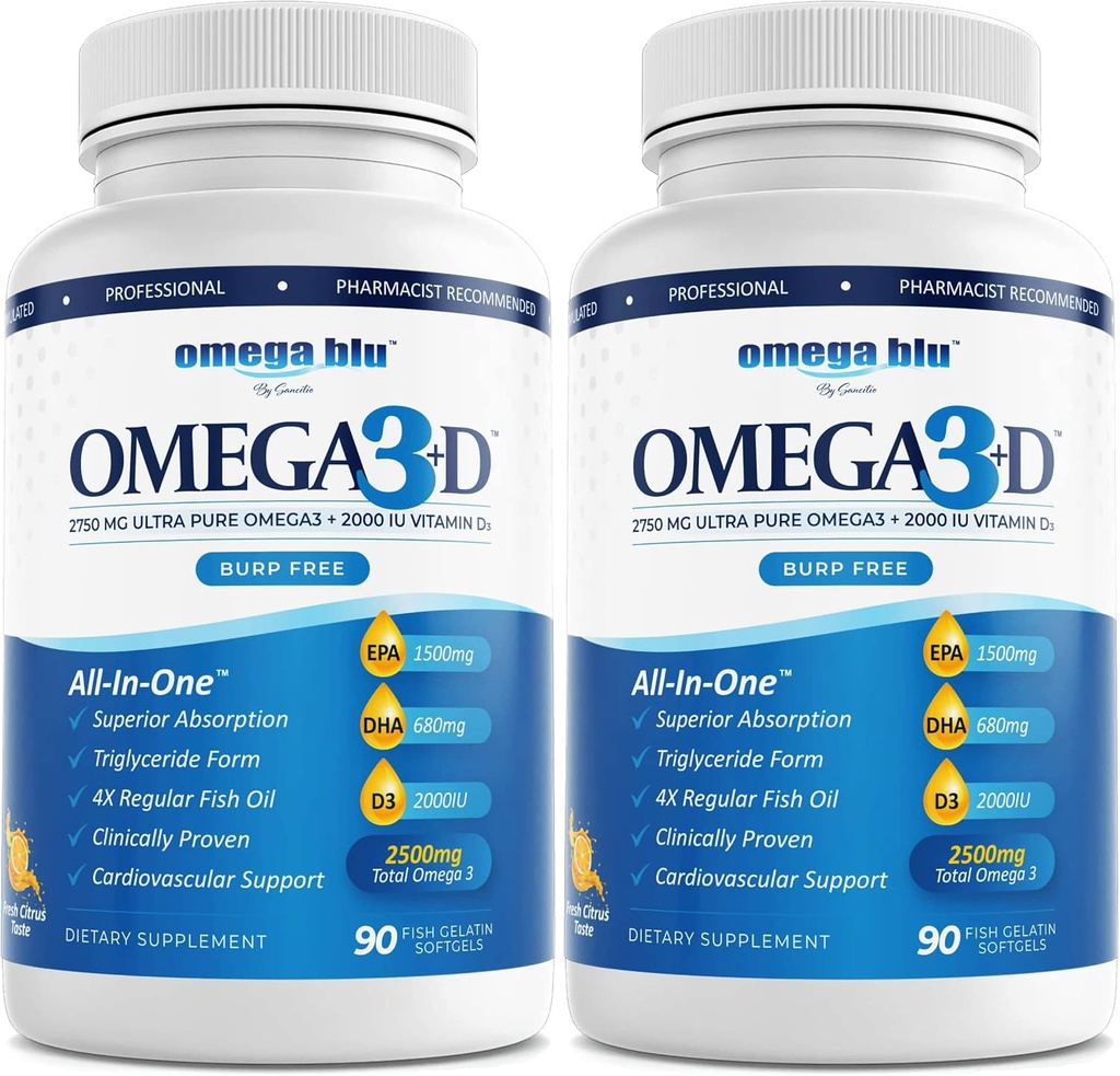 Concentrație Triplă Ulei de pește de grad farmaceutic 2750 mg - Vitamina D3 50mcg - 1500 mg EPA - 680 mg DHA - Inimă - Colesterol - LDL - HDL - Nu Burps sau arsuri la stomac - Concentrație ridicată - 90 Serviri