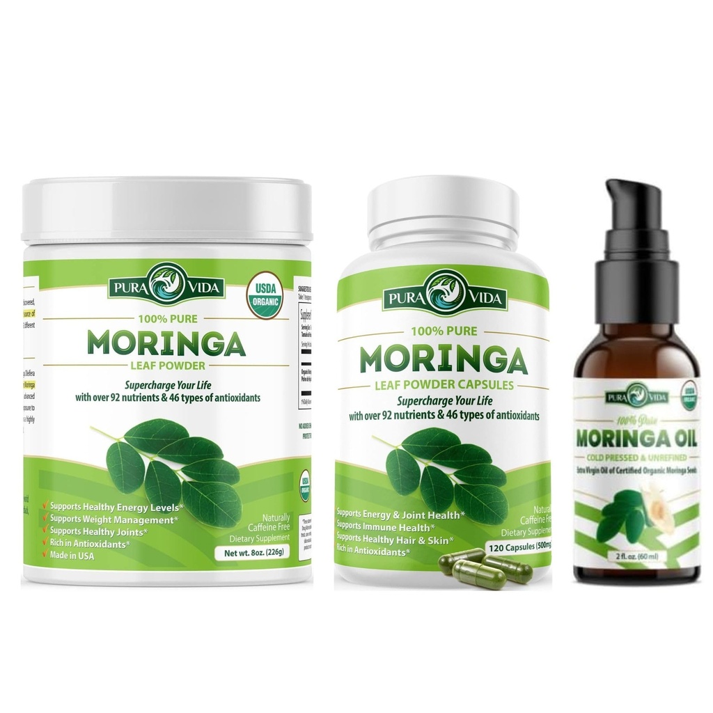 PURA VIDA MORINGA pulbere 8 oz Capsule (120 număr) şi ulei organic Moringa (2fl oz)