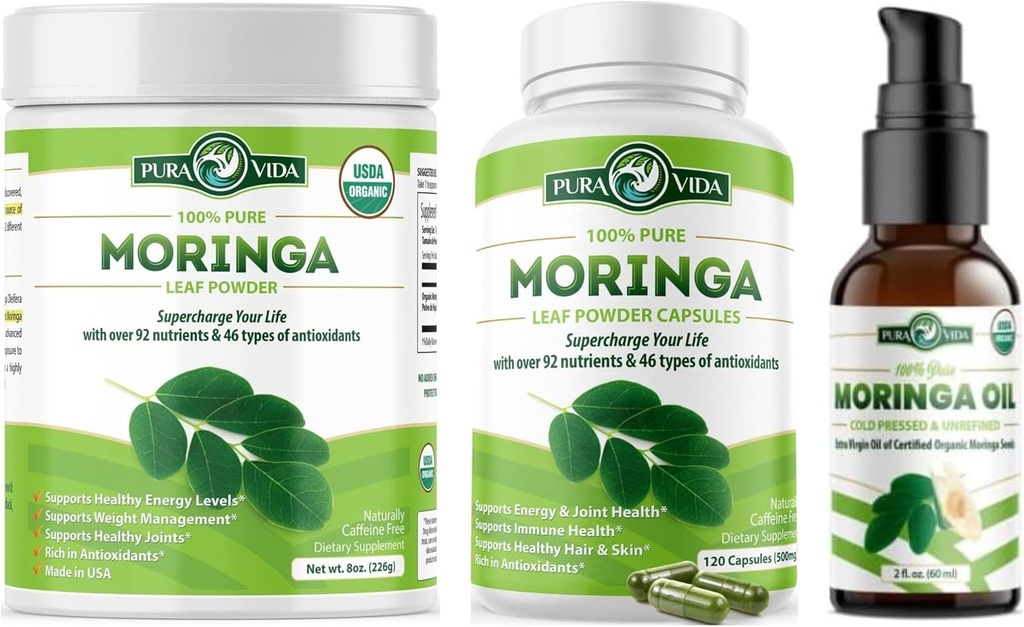 PURA VIDA MORINGA pulbere 8 oz Capsule (120 număr) şi ulei organic Moringa (2fl oz)