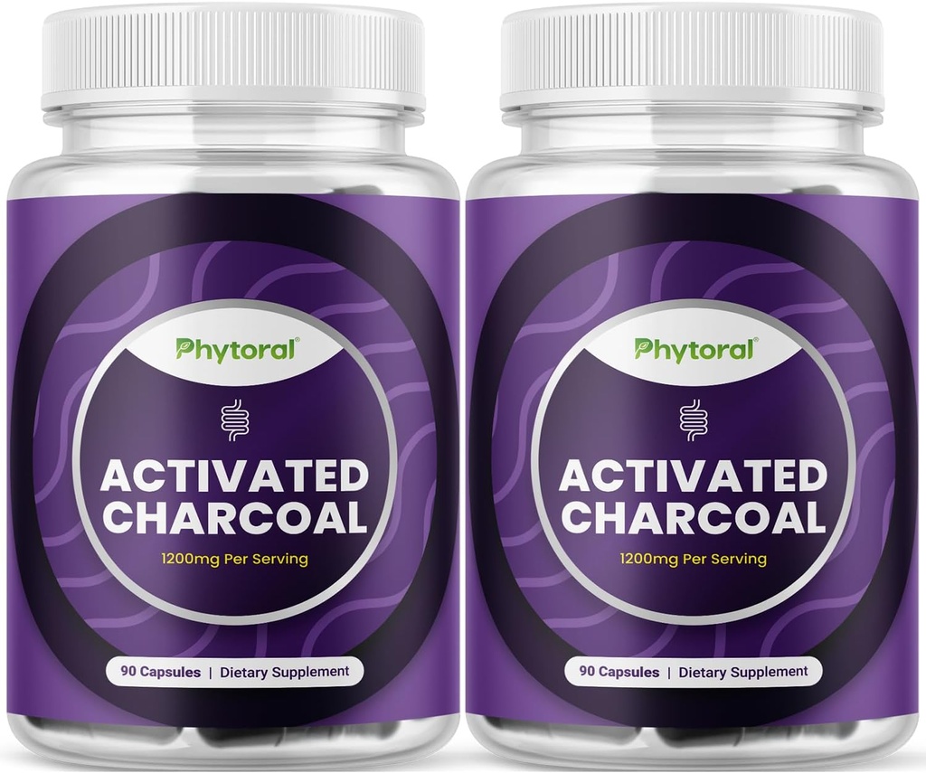 Pastile Charcoal activate Detoxifiere si Curatare - Purificarea capsulelor de nuca de cocos cu 1200 mg Per Servire pentru ajutor de balonare - Supliment activ de detoxifiere pentru Body & Gut Health - 90 Conte - 2 Pack