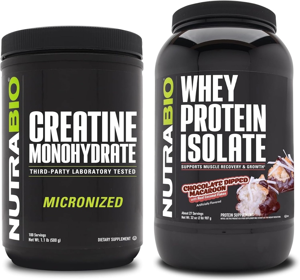 NutraBio Creatina Monohidrat, Nearomate, 500g și Whey Proteine Izolat, Ciocolata Cufundat Macaroon, Supliment Bundle - Energie musculară, Lean musculare de creștere, recuperare, și puterea