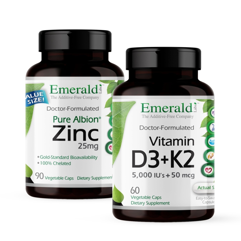 EMERALD LABS Vitamina D3+K2 (60 Caps) & Zinc 25mg (90 Caps) - Sănătate osoasă, suport cardiac, suport imunitar, Digestive Health, Suport de stres oxidativ - Gluten-Free