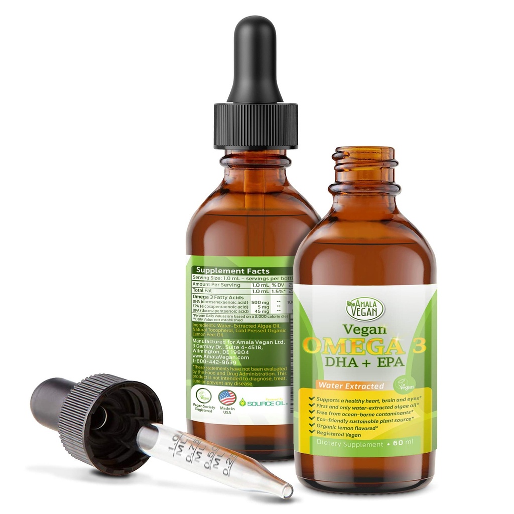 Potent & organic Vegan Omega 3 supliment lichid: mai bine decât ulei de pește! Apă pe bază de plante Ulei de alge extras- DHA EPA DPA acizi grasi- non OMG- suporta imune, inima, creier & sănătate comună-60 doze