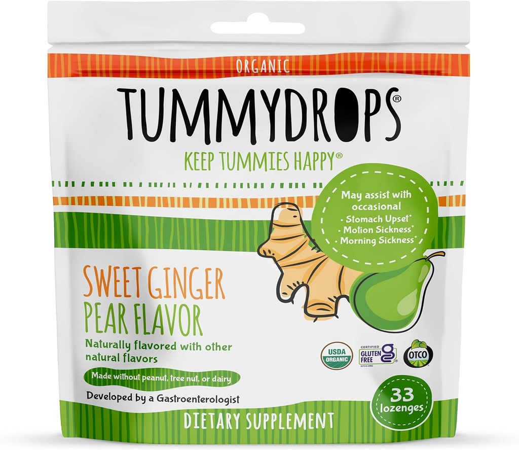 USDA Organic Sweet Pear Tummeldrops, Gluten Free & Vegan. 33 Înfăşurat individual Organic Ginger Lozenges într-o pungă recuperabilă.