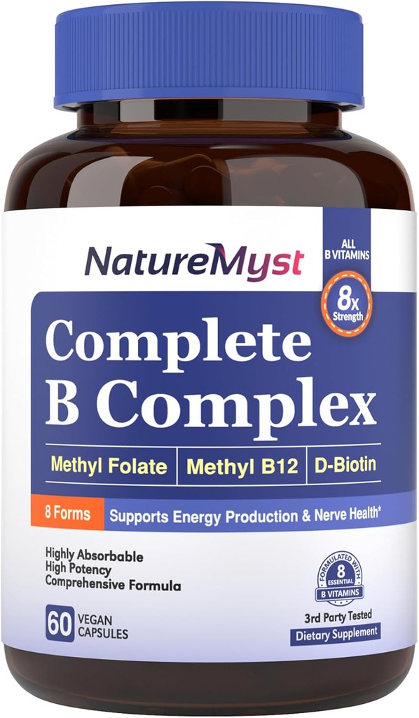 Complex complet B, Toate vitaminele 8 B, Metil B12, Folat de metil, Biotin, P-5-P, Productia energetica extrem de absorbabila, 60 Vegan Caps