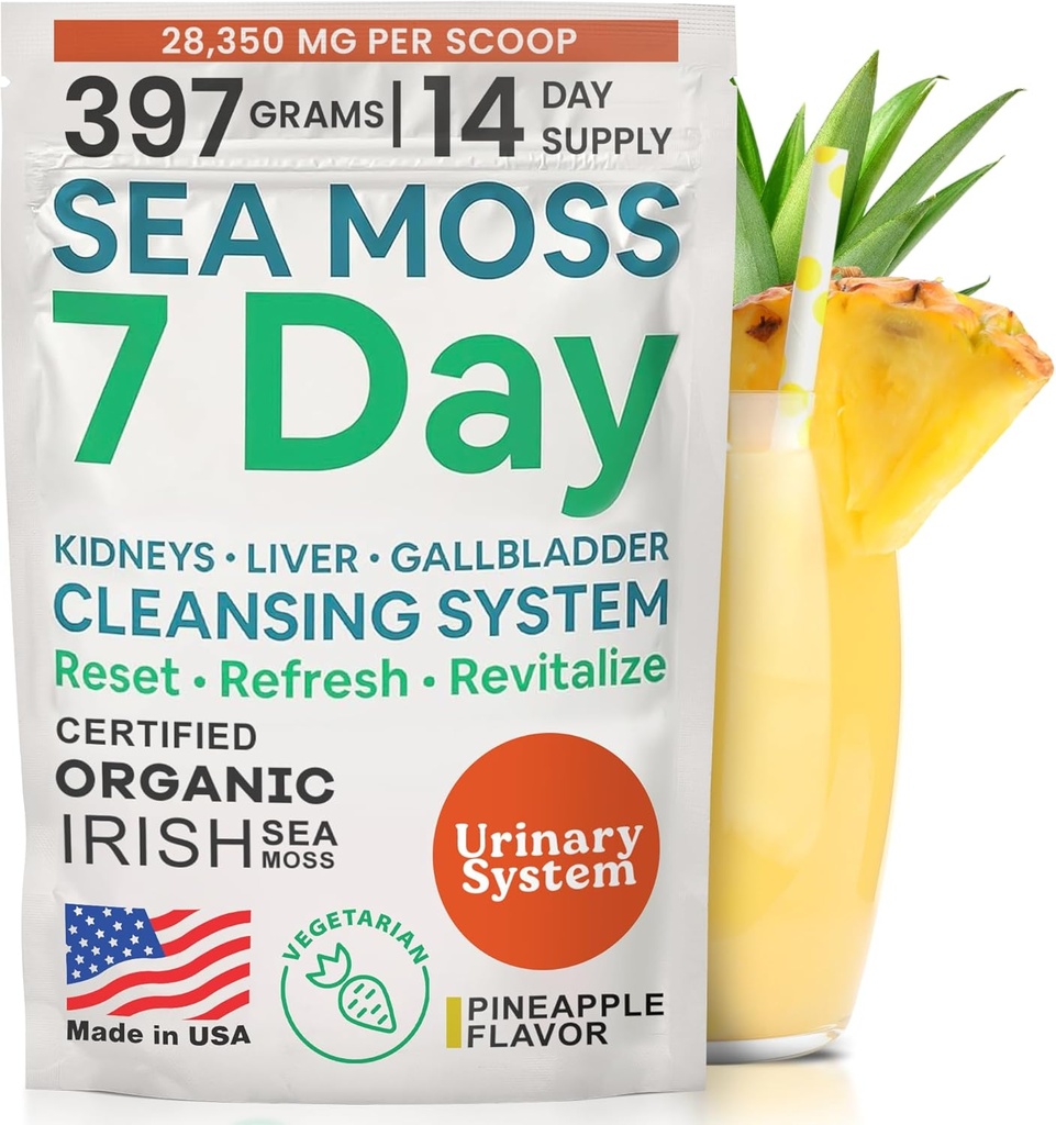 Atlantic Naturals Sea Moss 7 Day Detox Ficat, Gallbladder & Rinichi Cleanse - Suport cu Dandelion Root, Milk Thistle, Brodock Root, Red Clover, Chanca Piedra - Ananas Flavor Drink Mix (14 oz)