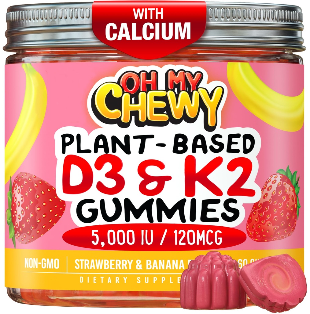 Vitamina D3 K2 Gummies - Copii, adolescenți și adulți - Supliment pentru Dinți Sănătoși, Oase, Energie și Imunitate - 5000 UI D3, 120 mcg K2(MK-7), 120 mg Calciu - Vegan & Non-GMO - 120 Conte