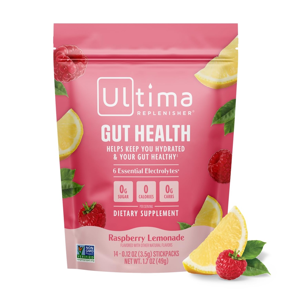 Ultima Replenisher Gut Health Supplement and Electrolytes Powder - Raspberry Lemonade, 14 Stickpacks - Pachete de hidratare cu beneficii adăugate de sănătate Gut