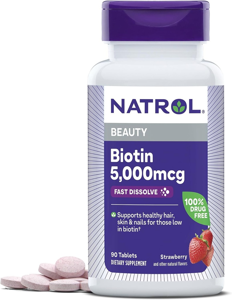 Natrol Frumusețe Biotin 5000mcg, Supliment alimentar pentru păr sănătos, piele, unghii și energie Metabolism, 90 comprimate de dizolvare rapidă cu căpșuni, 90 de zile de aprovizionare