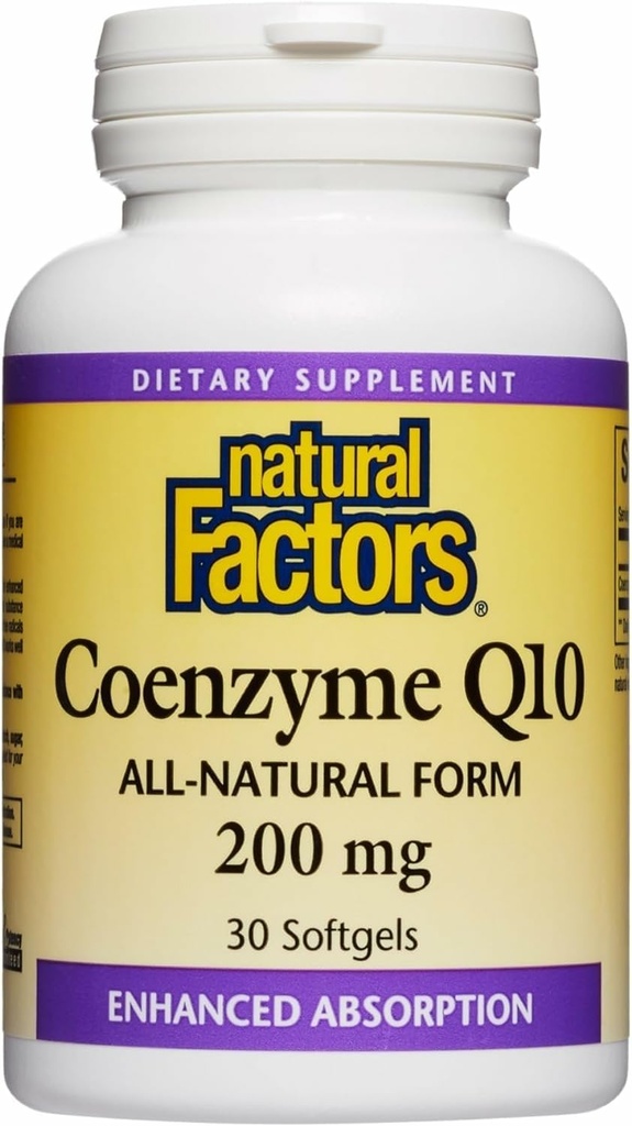 Factori naturali Coenzime Q10 - Suplimentul de suport antioxidant susține producția de energie celulară - o mai bună absorbție ajută funcția cardiacă sănătoasă - 200 mg, 30 Softgels (30 Servings)