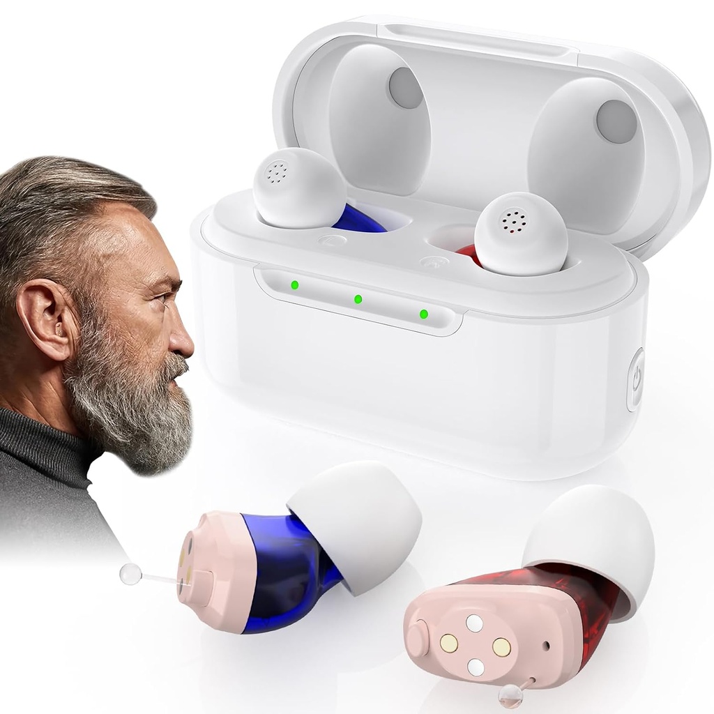 Adjudecatoare auditive OTC reîncărcabile pentru Seniori - 16 Canale & 4 Module Audiere Amplificator cu Anulare Zgomot, Dispozitiv invizibil In-Ear cu caz de încărcare pentru adulți