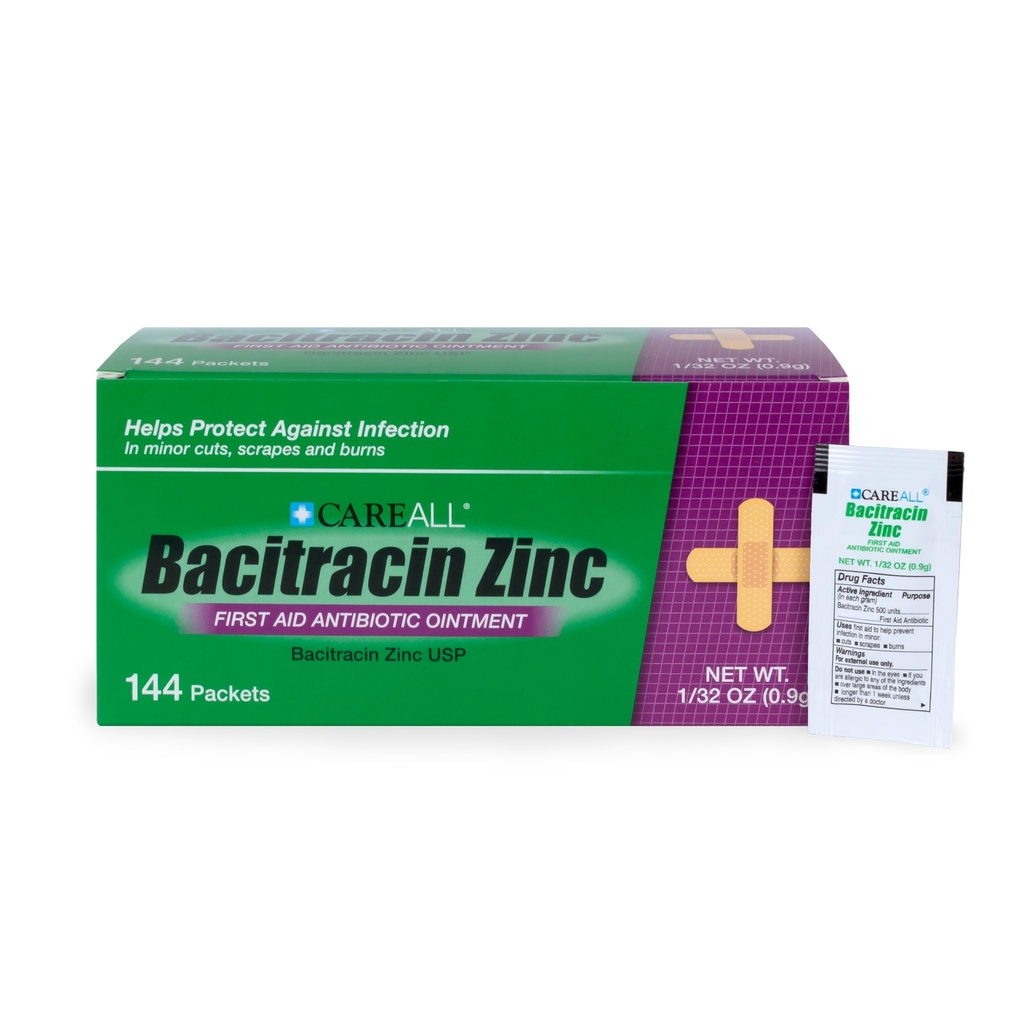 CareAll Bacitracin Antibiotic Zinc Ointment (144 ambalaj), 0.9gr Foil Packet. Unguent de prim ajutor care previne infecţiile pentru tăieturi minore, zgârieturi şi arsuri