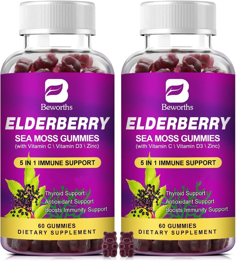 (2 Pack Elderberry Gummies & Irish Sea Moss, Organic Sambucus Elderberry Gummy cu Seamoss, Zinc, Vitamina C, D3, Multivitamine Elderberry Vitamine - Zahăr-Free