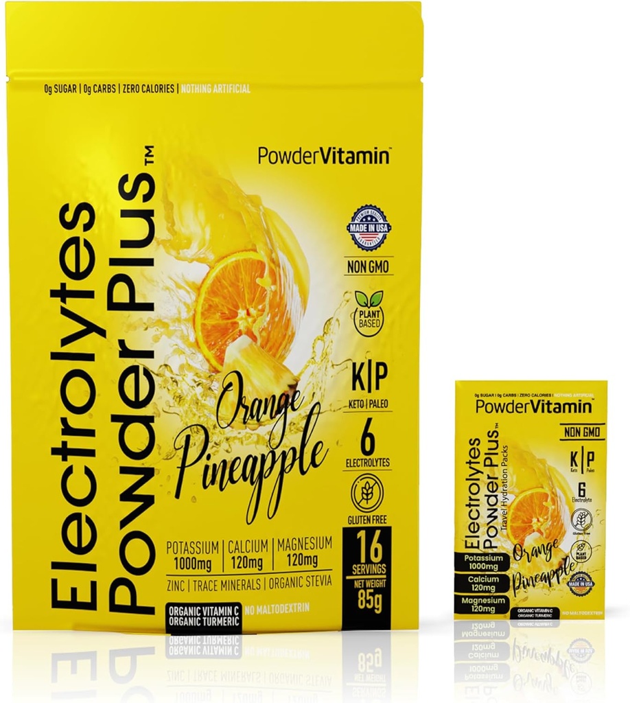 PulbereVitamina Electroliti Pulbere Plus, Keto, Portocaliu Ananas, Zahăr fără, Sare roz Himalayan, 1000mg Potasiu, 120mg Calciu, Magneziu, Non-GMO, Zero Calorii, (16 Pachete de hidratare)