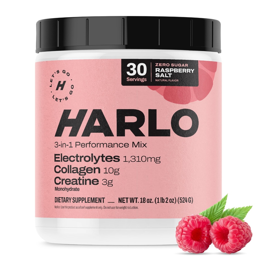 Harlo - Raspberry sare Electrolit Drink Mix cu bovine Colagen & Creatine- Creatina pulbere monohidrat - Energizant Drink Powder - Pre Workout Powder - Sugar Free Energy Drinks - Post Workout Recovery