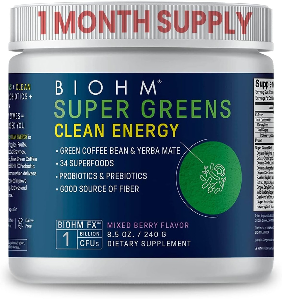 BIOHM Super Verzi Energie curată, Green Superfood Pulbere (8,5 Oz, 30 Serviri) Sprijină Gut Health & Cognition, 34 Fructe naturale, legume și extracte de plante cu prebiotice, Probiotice și enzime