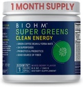 BIOHM Super Verzi Energie curată, Green Superfood Pulbere (8,5 Oz, 30 Serviri) Sprijină Gut Health & Cognition, 34 Fructe naturale, legume și extracte de plante cu prebiotice, Probiotice și enzime