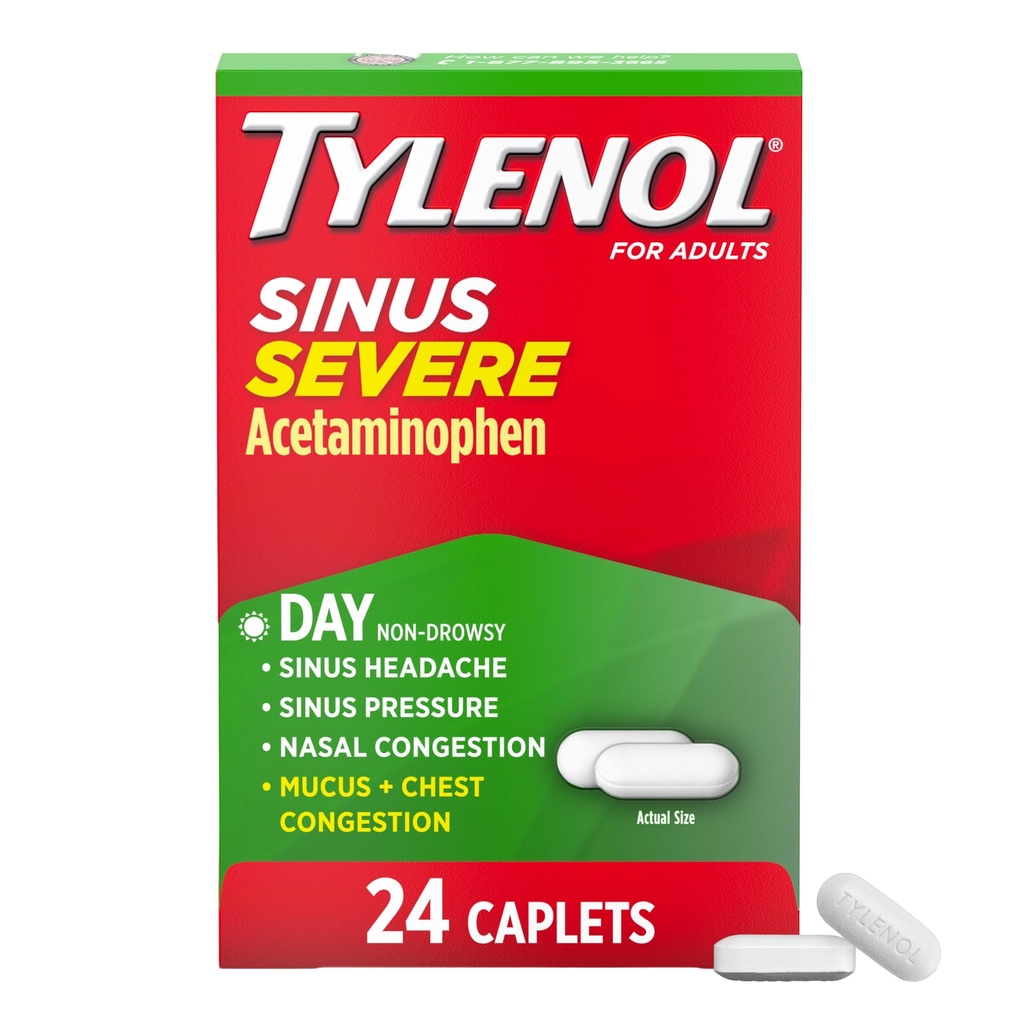 Tylenol Sinus Severy Daytime Cold & Flu Reliance Medicine Caplets, Non-Drowsy Pain Reliever, Fever Reductor expectorant & Decongestant, Acetaminofen, Guaifensin & Fenilephrine HCl, 24 t