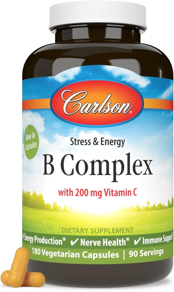 Carlson - B Complex Balanced B Vitamine cu vitamina C - Stres, Energie si Vitamina B Complex pentru femei si barbati - 180 Capsule vegetariene