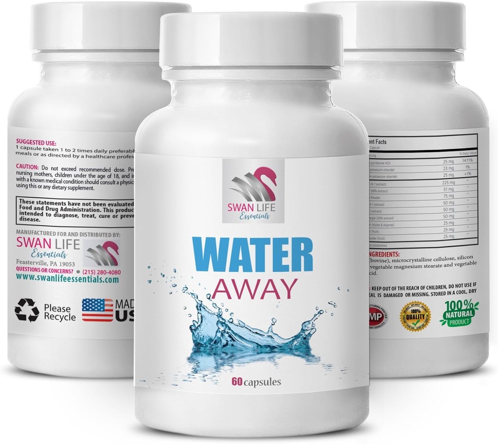 Water balance supplement - WATER AWAY - support supplement, Water solution, Natural diuretic blend, Herbal water balance, Diuretic support supplement, Natural support, Water balance 1 Bottle 60 Caps