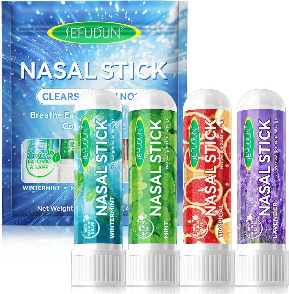 4PCS Nasal Stick,Nasal Inhaler Stick,Inhalator Nasal Stick pentru Sinus Relief & Vertigo Relief,Aromaterapie inhalator Made with Essential Oils+Menthol (Mint,Wintermint,Tropical,Lavender)