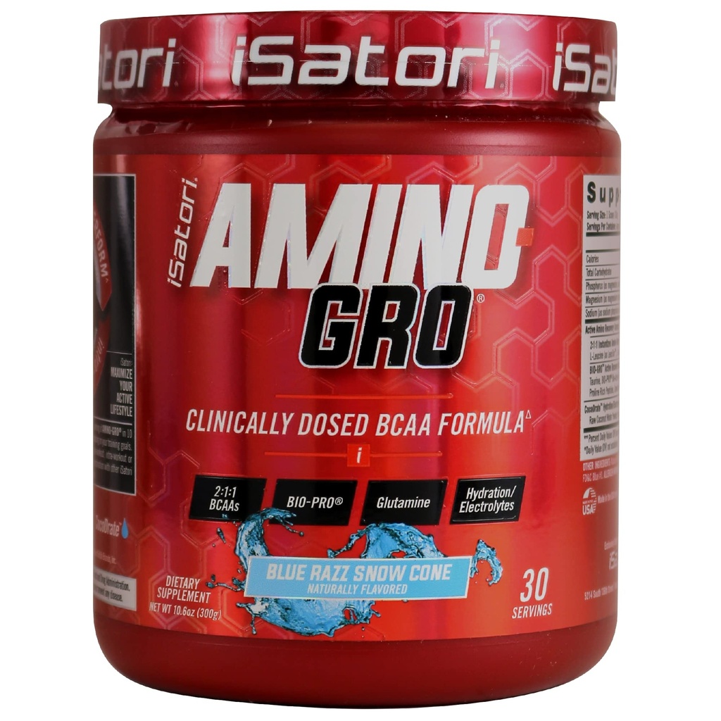 iSatori Amino-GRO BCAA Powder, Aminoacidi lant ramificati cu glutamina, Powder Electrolit & Bio-GRO Bio-Active Peptide pentru cresterea musculara si recuperarea post-antrenamentului, Blue Razz Snow Cone (30 Servings)