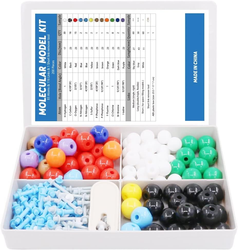 Swpeet 200 PC-uri Molecular Model Kit pentru Chimie organică și organică, Chimie Model Molecular Student și Set de profesori - 83 Atoms & 116 Link-uri & 1 instrument scurt de ștergere a legăturii