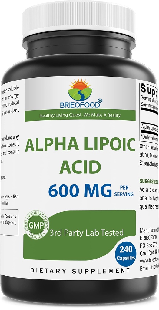 Brieofood Alpha Acid lipoic 600 mg per Serving - 240 capsule - non-GMO, gluten gratuit