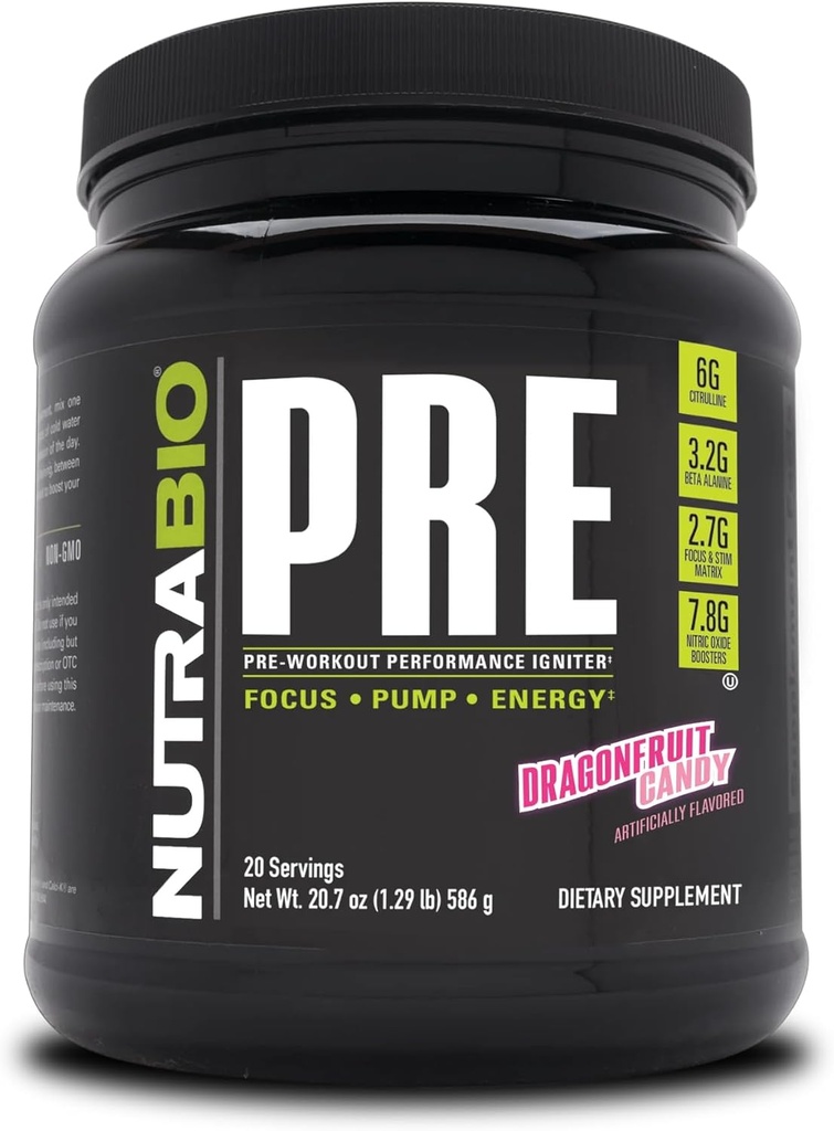 NutraBio PRE Pudră de antrenament - Old Formula- Energie susţinută, Focus mental, Rezistenţă - Beta Alanine, Creatină, Cafeină, Electroliti - 20 Serviri - Bomboane de fructe dragon