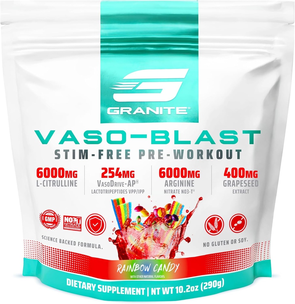 Granite Suplimente Vaso Blast, Rainbow Candy Flavor, Stimulant-Free Pre Workout pentru bărbați și femei cu extract de semințe de struguri, Arginine Nitrite, & VasoDrive-AP pentru Max Pump (20 Serviri)
