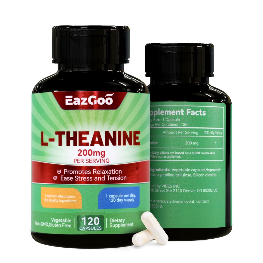 L-Theanine 200mg, Amino Acid Supliment pentru a sprijini relaxare, Stres, L Theanin capsule - non-GMO, Gluten gratuit, 240 Veg capsule