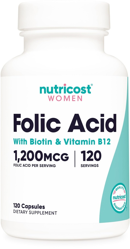 Nutricost Acid folic pentru femei (Vitamina B9) 1200 mcg, 120 capsule, cu B12 şi Biotin, Capse Veggie, fără GMO şi gluten