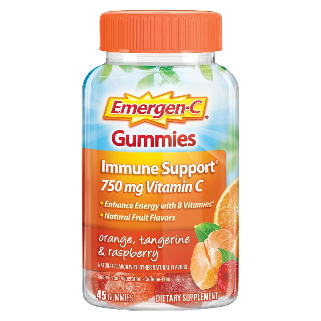 Emmergen-C 750mg Vitamina C Gume pentru adulti, Gume de imunitate cu vitamine B, Gluten gratuit, Portocaliu, Mandarine si Raspberry arome, Inapoi la scoala esentiale - 45 Conte