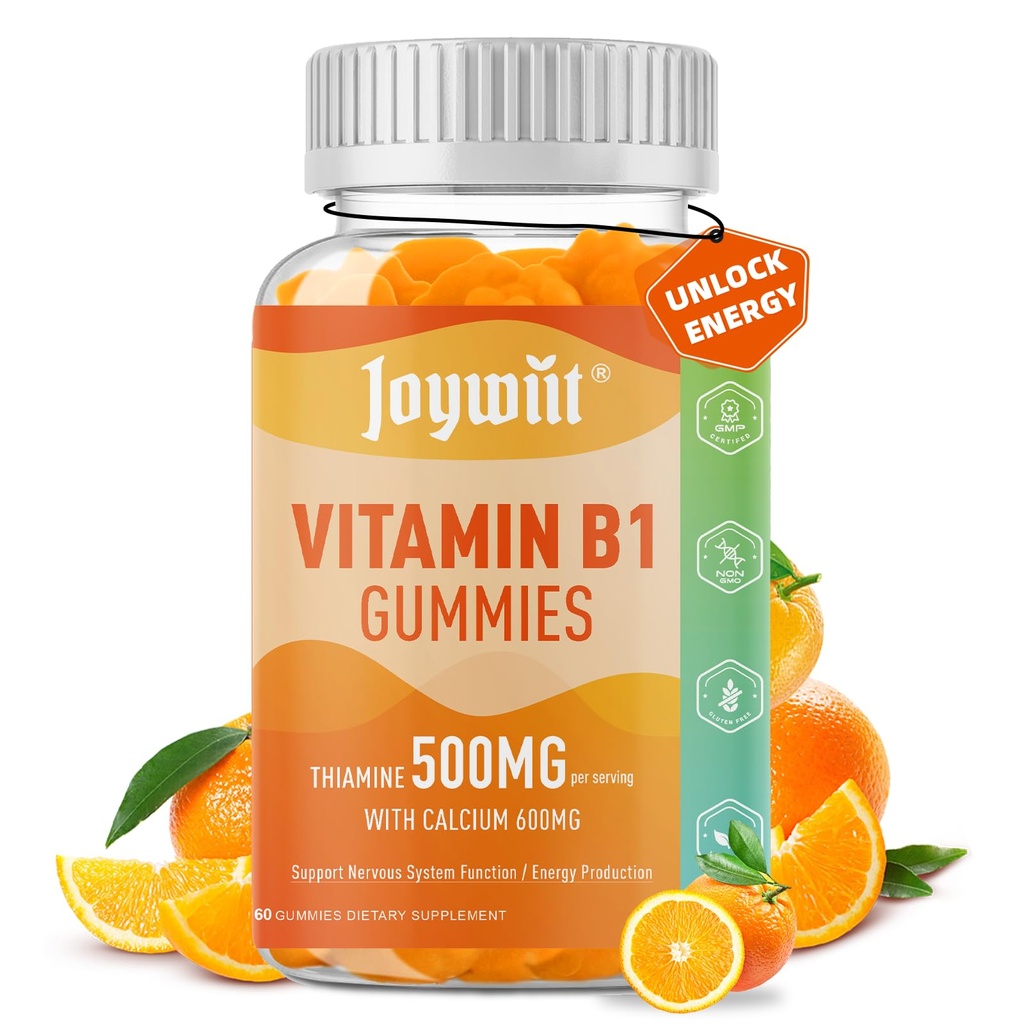 Vitamina B1 Gumies 500mg, Chewable Tiamine B1 Supliment pentru adulţi, cu 600mg Citrate de calciu, Suport Sistemul nervos, Vegan, naturale Orange Flavor