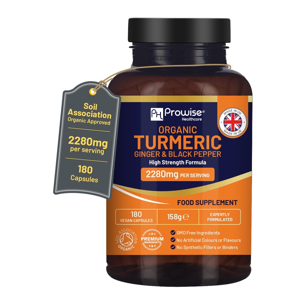 Turmeric 2280 mg (High Putere) cu Pepper negru & Ginger - 180 Vegan Turmeric Capsule cu ingrediente active Curcumin I Marea Britanie Made by Prowise Healthcare