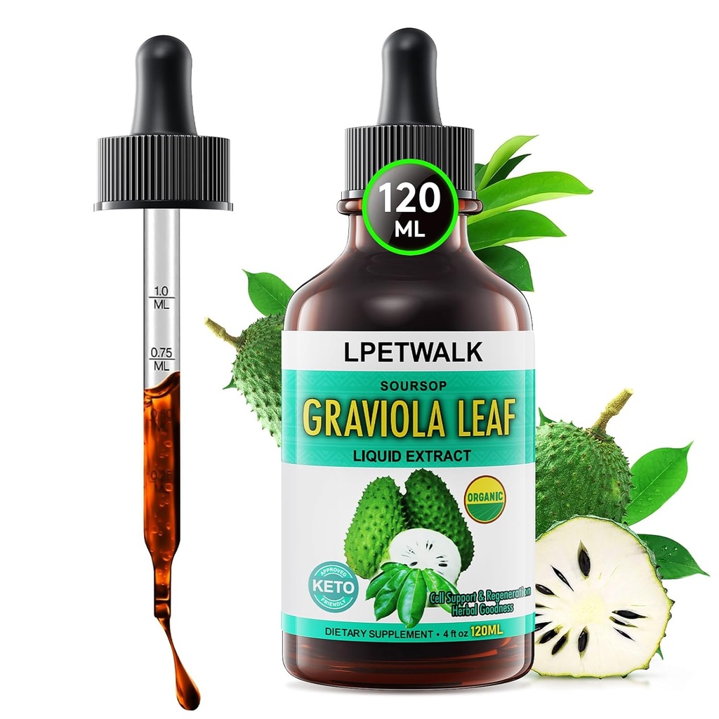 4 Fl Oz Soursop Graviola Leaf extract Picături lichide - Natrual Guanabana Frunze picătură - Organic Soursop Bitters Ulei lichid, 98% Absorbție, 120ML Capacitate mare