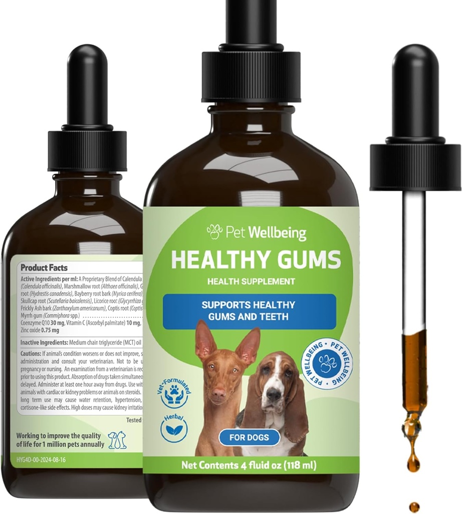 Pet Wellbeing Gums Healthy pentru câini - Gums & Dental Health, Oral Care, Respirație sănătoasă, Coenzima Q10, Oxid de zinc, Calendula, Root Marshmallow - Proteinarian-Format Holistic Topical 4 oz (118 ml)