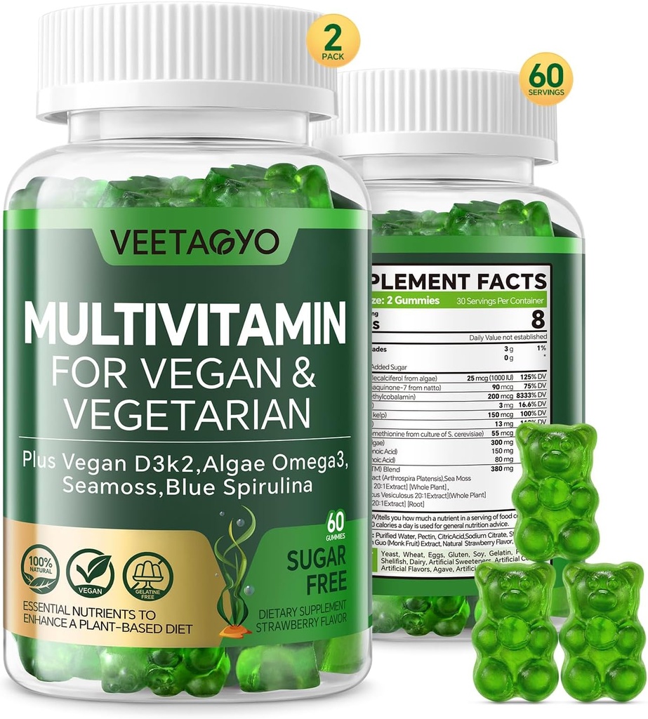 Vitamina D3 + K2-1000UI D3 90mcg K2 - Multivitamine pentru vegetarieni și adulți w/Algae Omega-3,Iron,Metil B12,Seamoss,Iod pentru oase,Muscul,Energia,Immunity Support-Zahăr fără,Gluten-Free,120 Conte