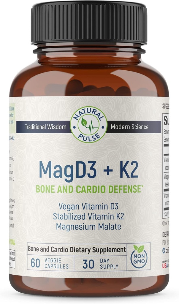Malat de magneziu + vitamina D3 Vegan + vitamina K2 stabilizată, supliment complet de suport pentru energia celulară, cardiovasculară, imună și metabolică de sănătate și concentrație osoasă, 90 Capace vegetale