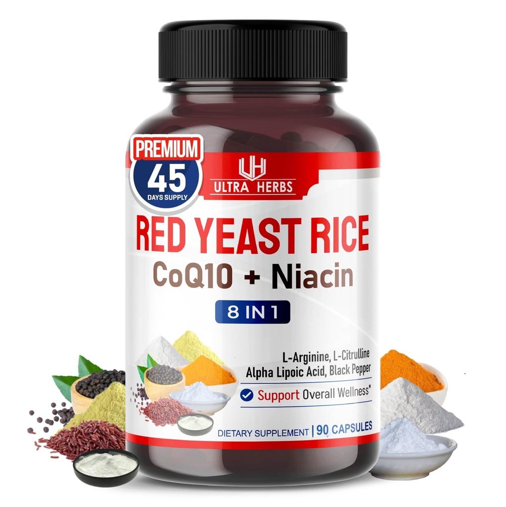 Ultra Red Yeast Rice CoQ10 - Promovarea sănătății globale cu Niacin, L-Arginină, L-Citrulină (90 Count (Pachetul 1)