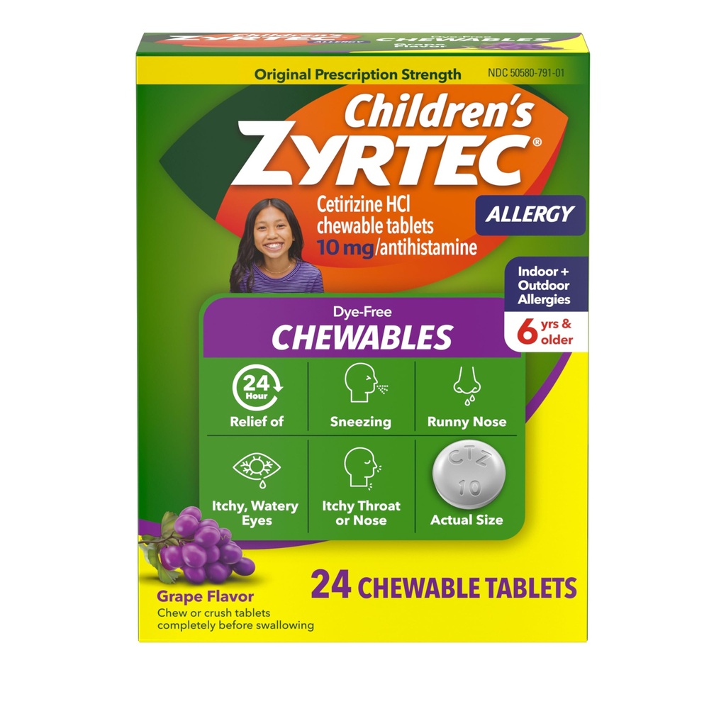 Zyrtec comprimate pentru copii fără die- free pentru 24 ore Relief de alergie, 10 mg comprimate de Cetirizină clorhidrat antihistaminice, medicamente pentru copii pentru alergii Relieves Sneezing & Itchy Throat, struguri, 24 ct