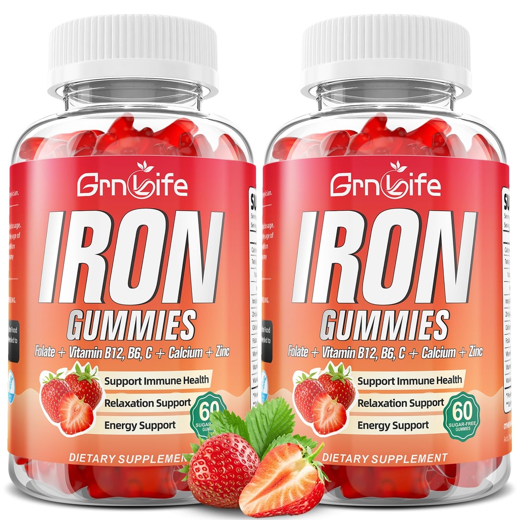 Gume de fier pentru femei, bărbaţi şi copii, Sugar gratuit Supliment de fier cu calciu, Zinc, Folate & Vitamina B12, C, B6 - pentru Blood Building & Energy Support, Anemie, Căpşuni, 120 Conte