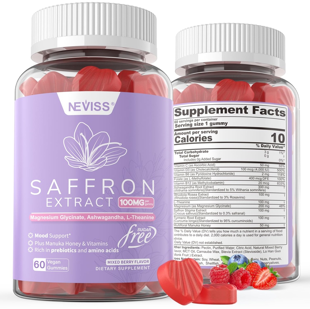 Saffron Suplimente Gummies 100mg - 100% extract de saffron pur cu glicinat de magneziu, L-Theanină, Turmeric, Ashwagandha, Honey & Vitamin B Complex pentru Mood & Power, Antioxidant, Vitality - 120 Conte