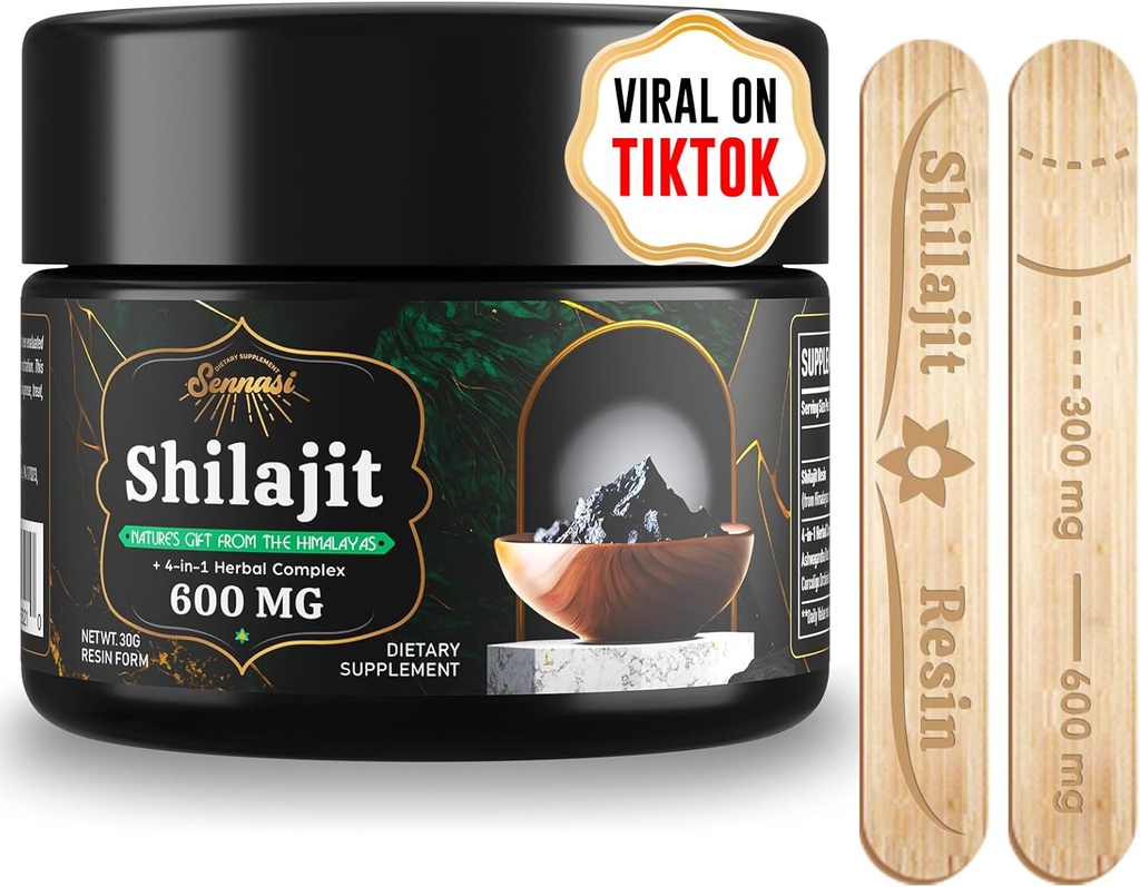 Sennasi 600 MG Shilajit Resin - Silajit Supliment cu Acid fuzelian & 85+ Trace Minerals for Energy, Imunitate, Brain Power, 30 Grams