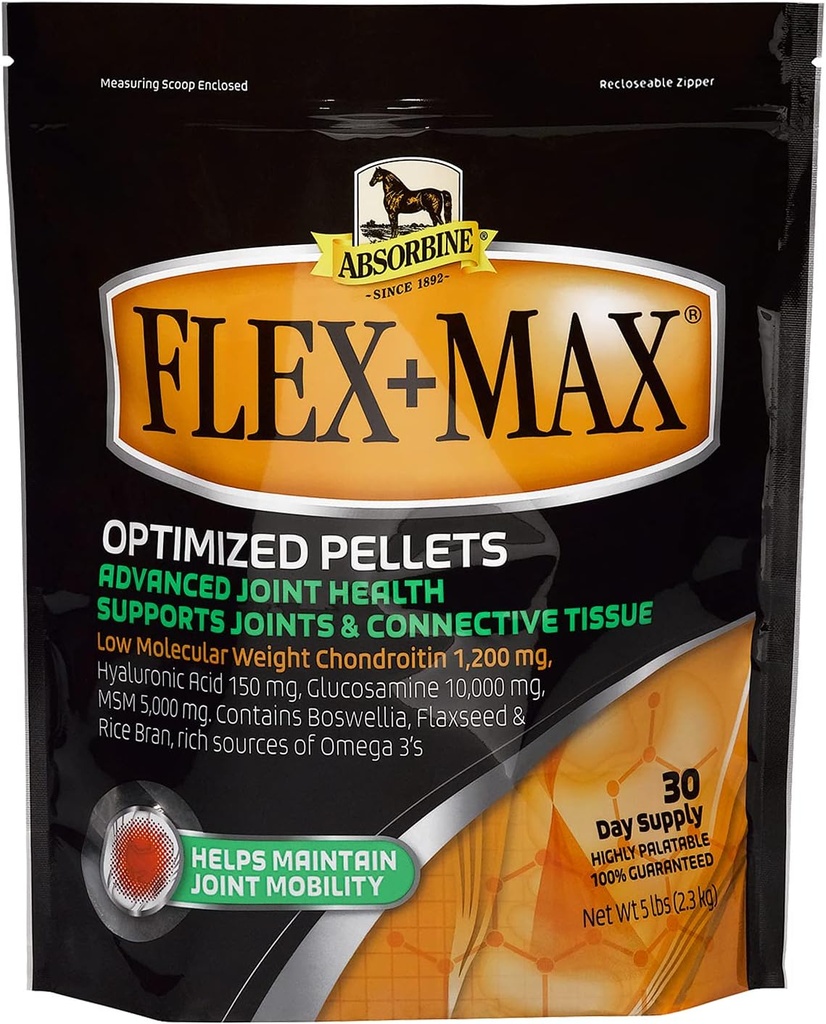 Absorbină Flex+Max Cai Supliment mixt Pelleți, extrem de Palatabil, Formula echină cuprinzătoare cu Glucosamină, MSM, Chondroitin și semințe de in, 5lb sac / 30 zi de aprovizionare