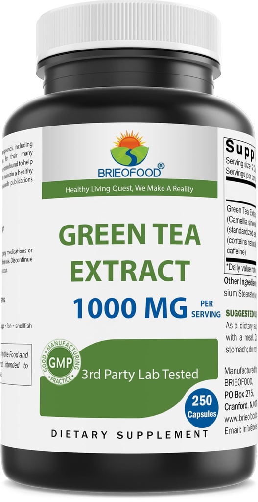 Extract de ceai verde Brieofood 1000 mg per Serving (Min 50% Polifenoli) - 250 capsule - 3rd Party Lab testat pentru puritate și calitate