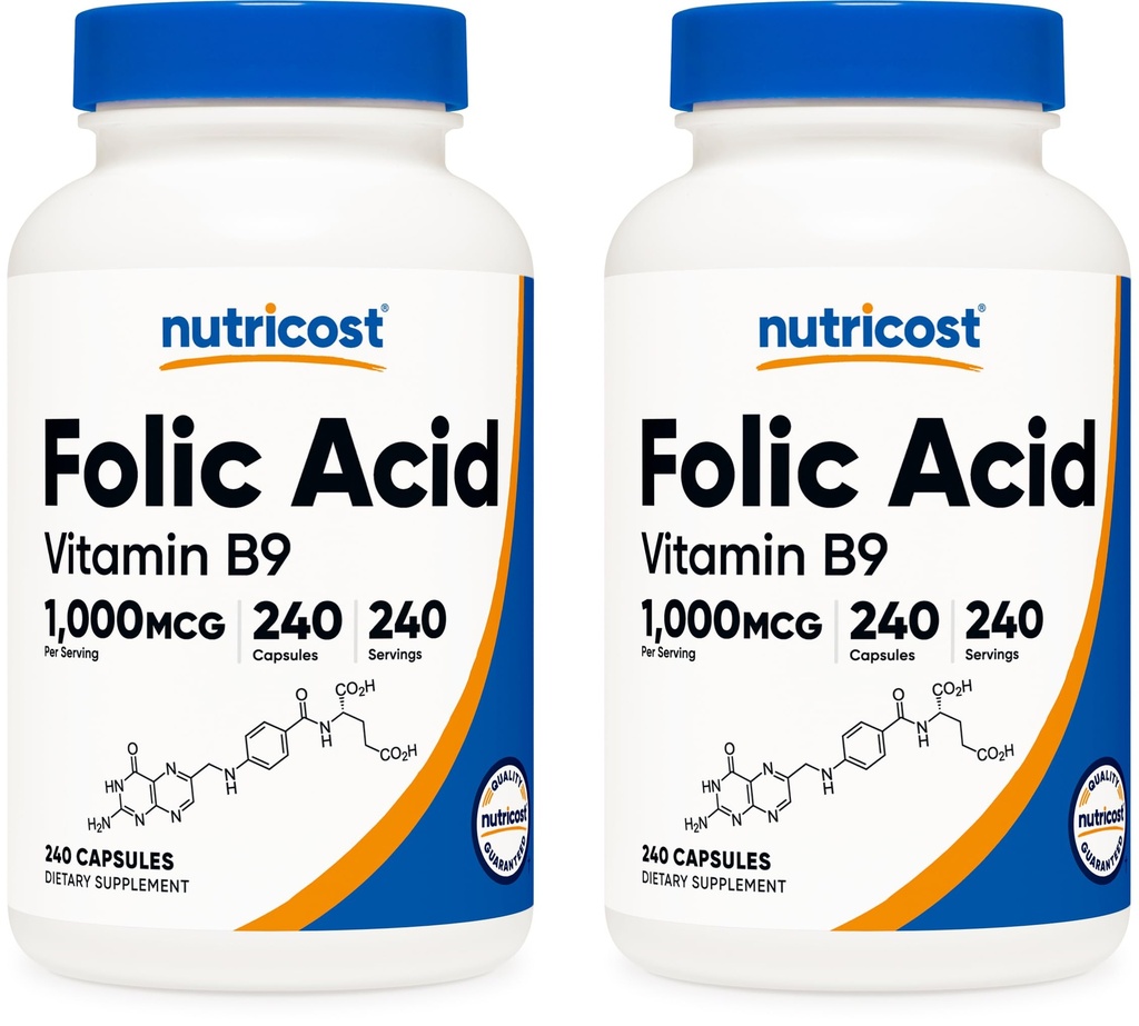 Nutricost Acid folic (Vitamina B9) 1000 mcg, 240 capsule (2 flacoane)