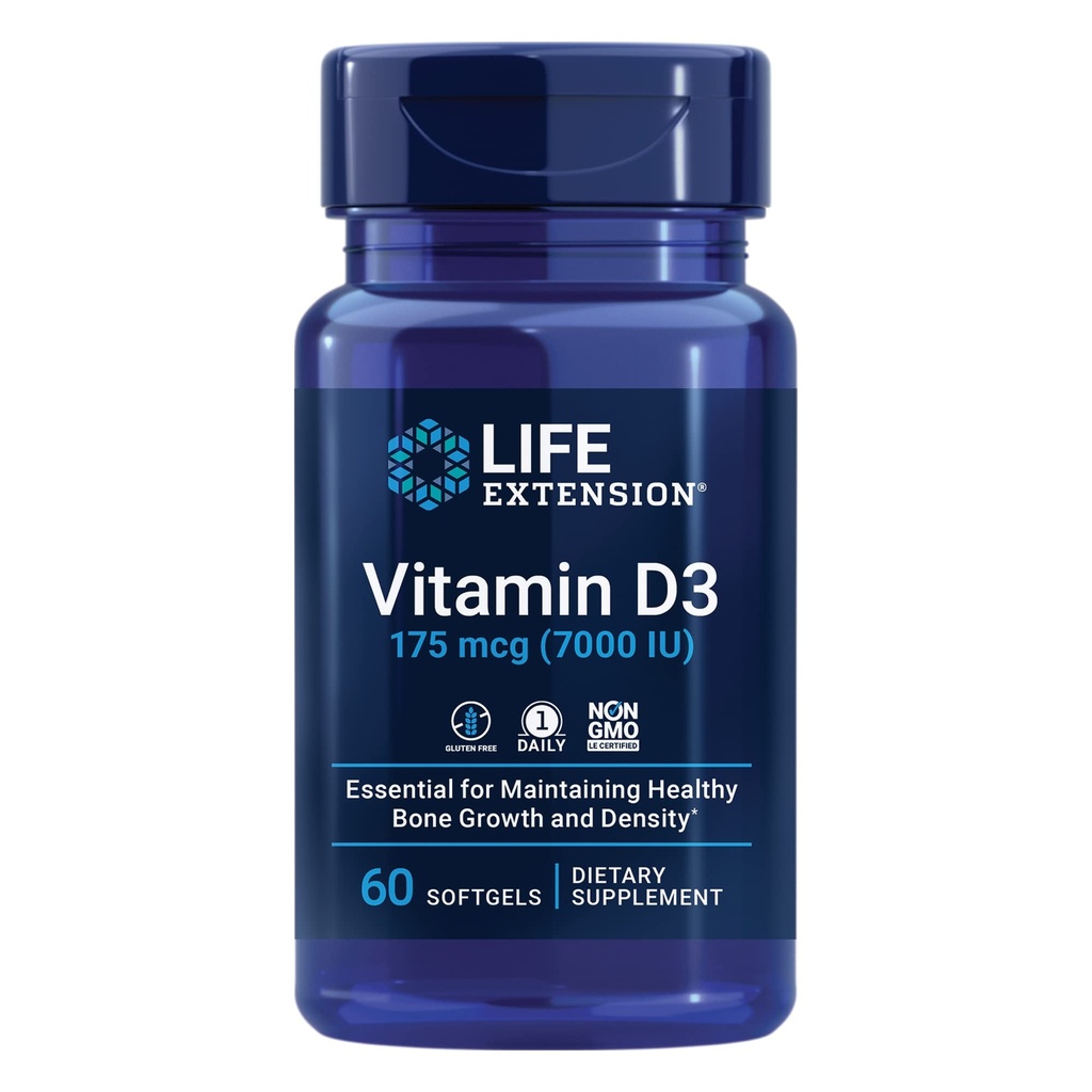 Extensia de viaţă Vitamina D3 175 mcg (7000 UI), Suportul sistemului imunitar, Sănătatea osoasă, Performanţa creierului, Gluten-Free, Non-GMO, O dată pe zi, Aprovizionare cu două luni, 60 softgels