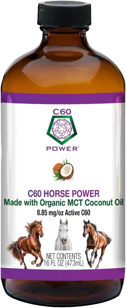 C60 Cai Putere - C60 în Organic MCT Ulei de cocos, Natural Wellness Support pentru Cai, 99.99% Pure Carbon Fullerene, Promoveaza imbatranire sanatoasa, Energie, & Mobilitate - 16 fl oz Sticla
