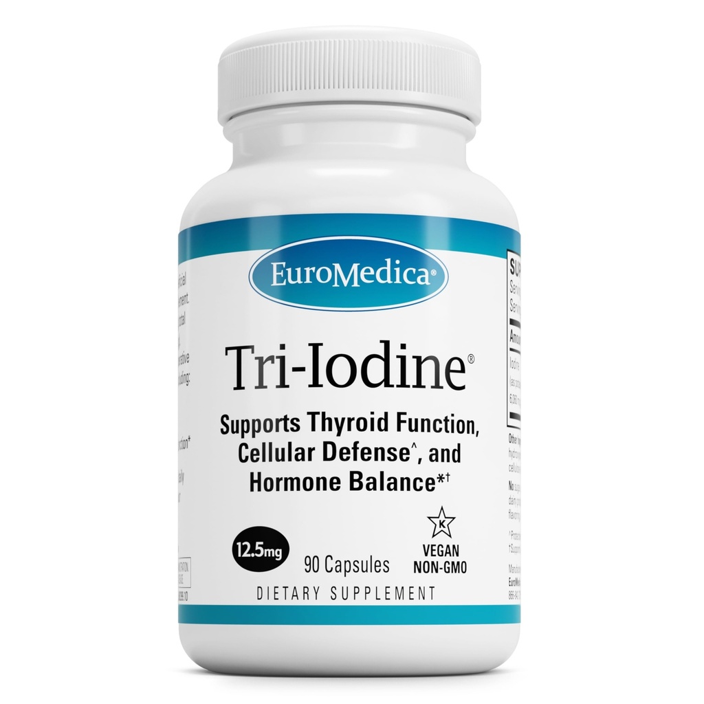 EuroMedica Tri-Iodine - Suport Sănătate tiroidiană - SIDA Echilibru hormonal cu iod molecular din Kelp - Caracteristici Iod de potasiu și iod de sodiu - Brain & Energy Support - 12,5 mg, 90 capsule